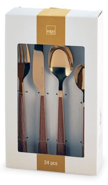 Servizio 24 posate tavola Sylva in acciaio inox finitura oro lucido manico in abs effetto legno
