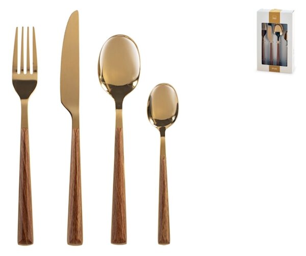 Servizio 24 posate tavola Sylva in acciaio inox finitura oro lucido manico in abs effetto legno