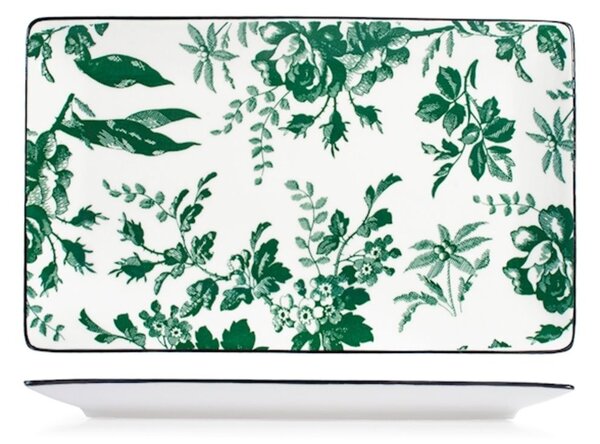 Set 6 piatti rettangolari Margaret in porcellana bianca decorata verde cm 27x16