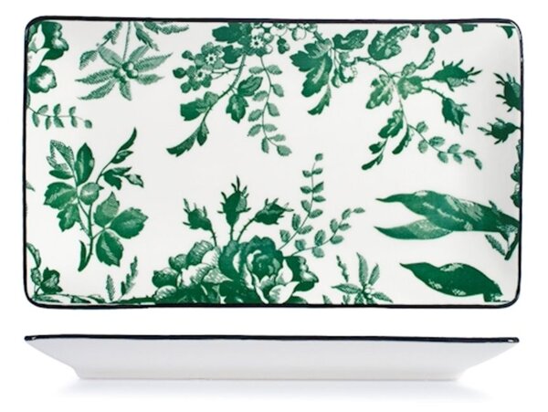 Set 6 piatti rettangolari Margaret in porcellana bianca decorata verde cm 23x13