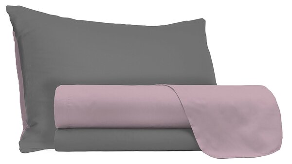 Set Lenzuola Singolo Sopra Sotto e Federe Doubleface Rosa Antico/Fumo