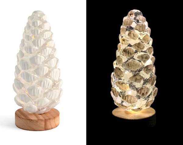 Pigna in vetro natale con led su base legno cm h21