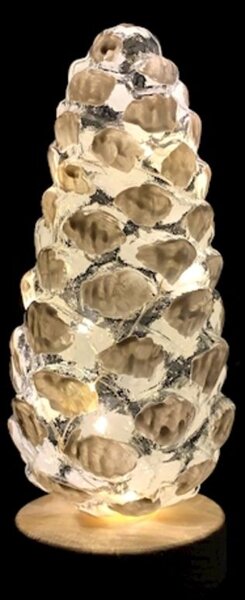 Pigna in vetro natale con led su base legno cm h21