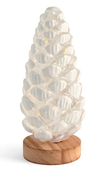 Pigna in vetro natale con led su base legno cm h21