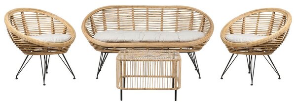 Set di divani a 4 posti in rattan naturale beige chiaro con cuscini in cotone con tavolino per interni e per esterni stile bohémien giardino balcone. Beliani
