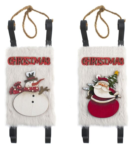 Set 2 slitte in legno e metallo decoro Babbo Natale e Pupazzo di neve cm 9x6x22