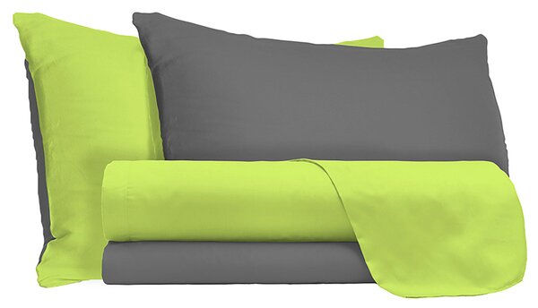 Set Lenzuola Singolo Sopra Sotto e Federein Cotone Verde Acido/Fumo