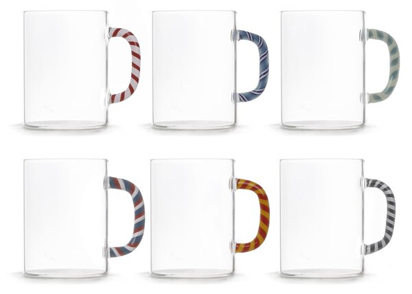 Set 6 mug in vetro borosilicato trasparente manico decorato colori assortiti cl 47