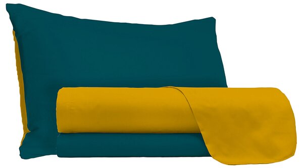 Set Lenzuola Sopra Sotto e Federe Doubleface Ocra/Verde Petrolio Matrimoniale