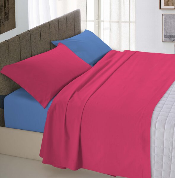 Set Lenzuola Sopra Sotto e Federe Doubleface Fragola/Avio Singolo