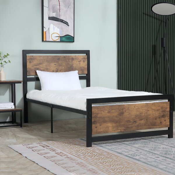 Struttura Letto Singolo 90x200 cm in Acciaio con Doghe Integrate Nero e Marrone Rustico