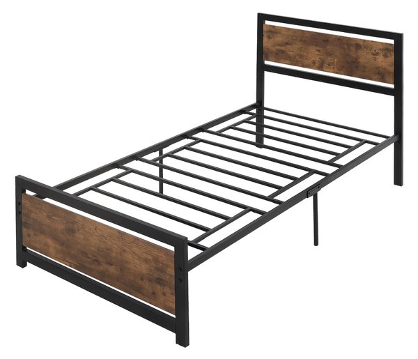 Struttura Letto Singolo 90x200 cm in Acciaio con Doghe Integrate Nero e Marrone Rustico