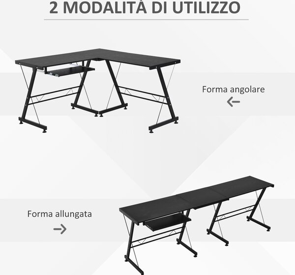 Homcom Scrivania Moderna Nera ad Angolo Dritta Postazione da Lavoro per Computer con Vano Tastiera MDF, acciaio a forma di L|Aosom