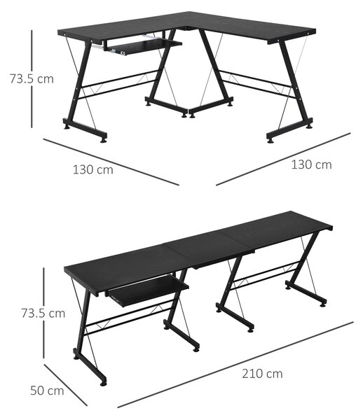 Homcom Scrivania Moderna Nera ad Angolo Dritta Postazione da Lavoro per Computer con Vano Tastiera MDF, acciaio a forma di L|Aosom