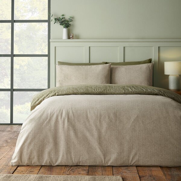 Set copripiumino e federa verde in flanella per letto singolo 135x200 cm Brushed Herringbone – Catherine Lansfield