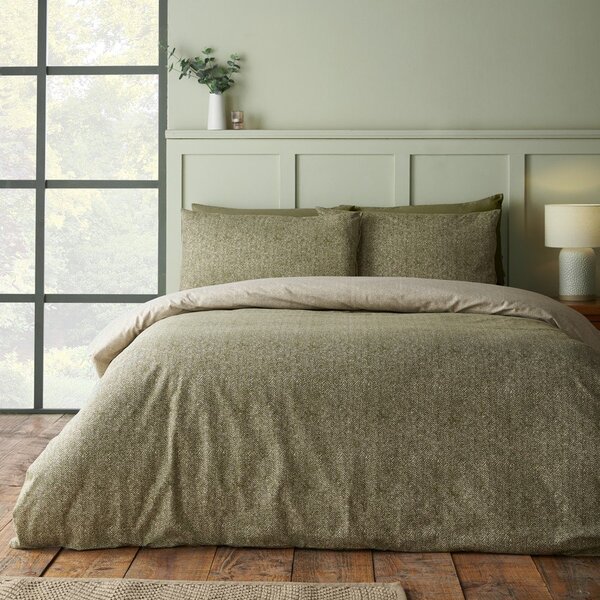 Set copripiumino e federa verde in flanella per letto singolo 135x200 cm Brushed Herringbone – Catherine Lansfield