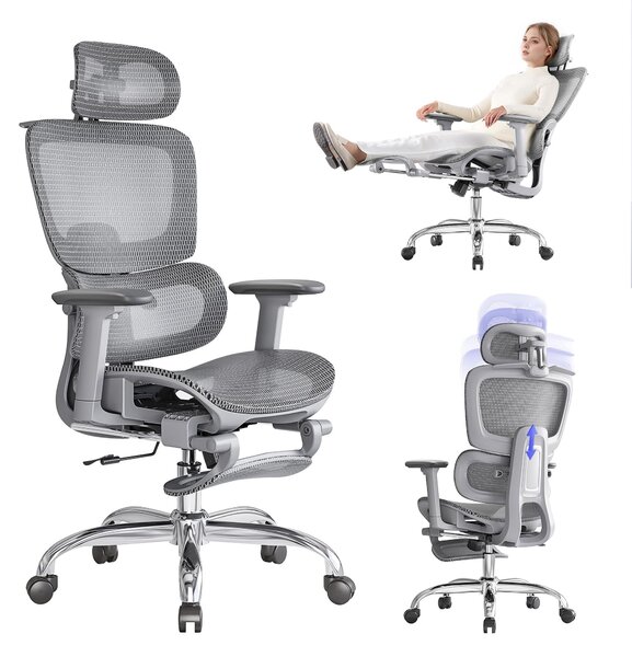 Sedia da ufficio ergonomica con poggiapiedi, realizzata in mesh, colore grigio, modello L10 Lite