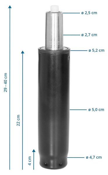 Ammortizzatore a gas, lunghezza 290-400 mm, per sedia da ufficio, portata 180 kg, colore nero