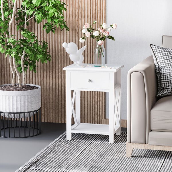 Comodino per Camera da Letto Tavolino d'Appoggio con Cassetto in Legno Bianco 40x30x55 cm