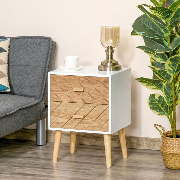 Comodino in Legno 2 Cassetti Stile Scandinavo Bianco e Legno 40x30x55,5 cm
