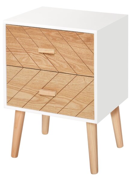 Comodino in Legno 2 Cassetti Stile Scandinavo Bianco e Legno 40x30x55,5 cm