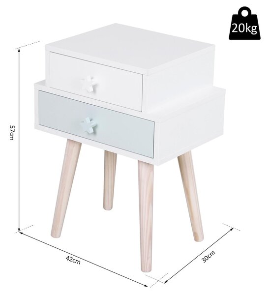 Comodino con 2 Cassetti in Legno MDF 42x30x57 cm Bianco e Blu