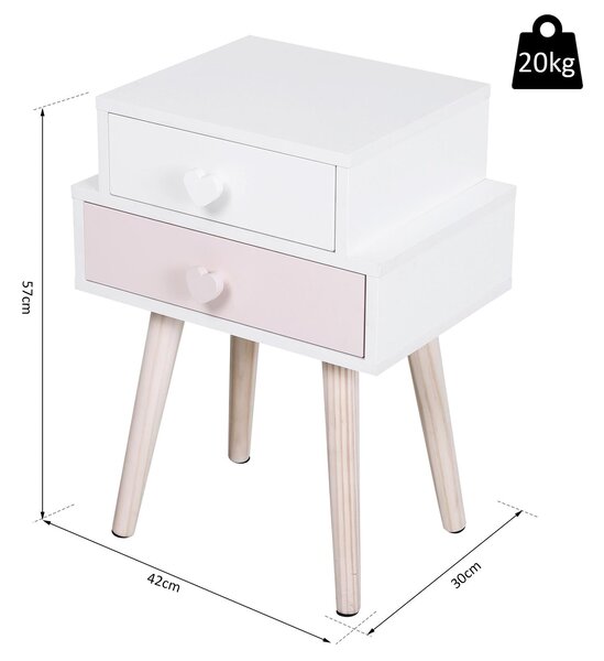 Comodino con 2 Cassetti in Legno MDF 42x30x57 cm Bianco e Rosa
