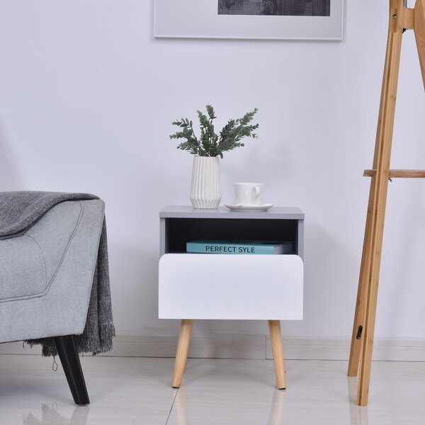 Comodino 1 Cassetto 40x34,3x50 cm in Legno MDF Grigio e Bianco