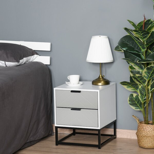 Comodino 39,5x40x48 cm 2 Cassetti in MDF e Acciaio Bianco e Grigio