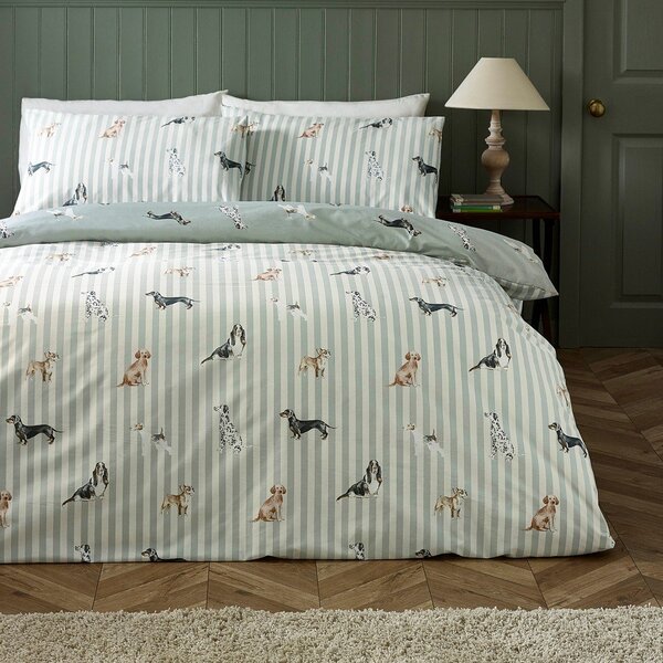 Set copripiumino e federa verde per letto singolo 135x200 cm Dog Stripe – Catherine Lansfield