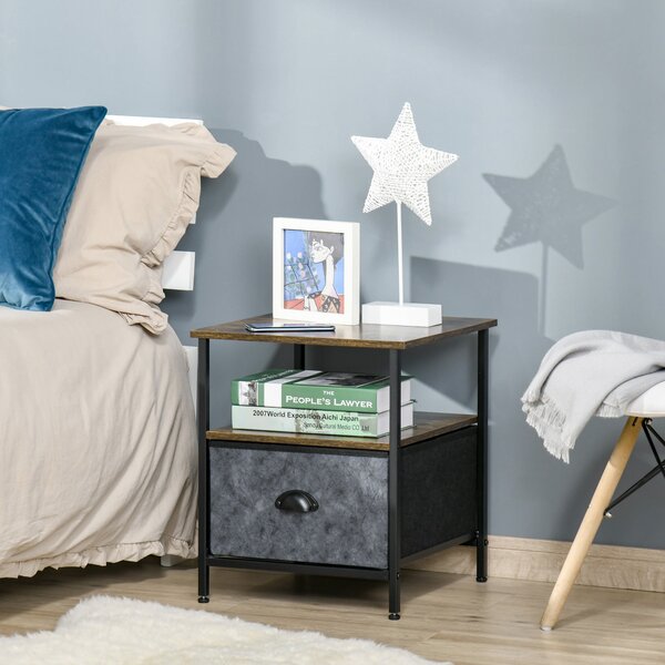 Comodino 1 Cassetto in Tessuto 40x40x46,9 cm in Legno e Acciaio Marrone e Grigio