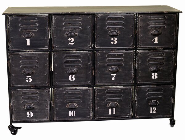Cassettiera in Ferro 12 Cassetti e Ruote 127x39,5x92cm Iron Nera