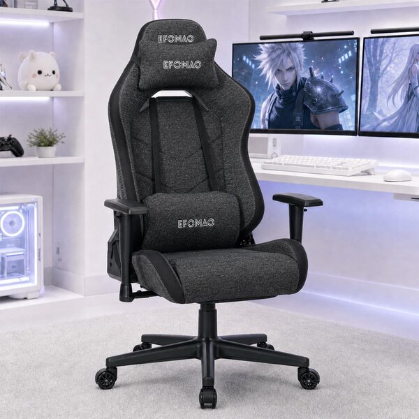 Sedia da gaming, rivestita in tessuto, ergonomica, reclinabile fino a 155°, con poggiapiedi, capacità massima di 120 kg