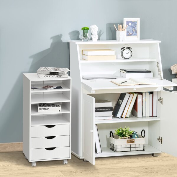 Cassettiera per Ufficio con Ruote 3 Cassetti 4 Ripiani in Legno 40x30x83 cm Bianco