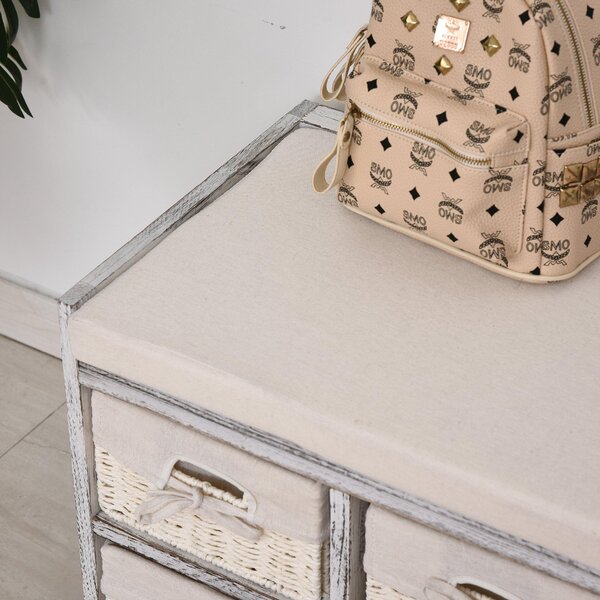 Cassettiera in Legno 80x37x45 cm con 5 Cassetti in Vimini Beige