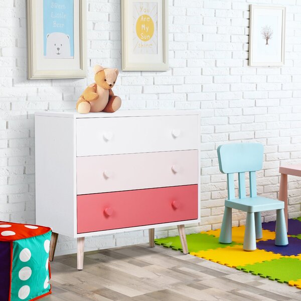 Cassettiera con 3 Cassetti in Legno di Pino 90x42x80 cm Bianco e Rosa