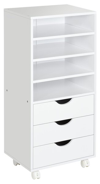 Cassettiera per Ufficio con Ruote 3 Cassetti 4 Ripiani in Legno 40x30x83 cm Bianco