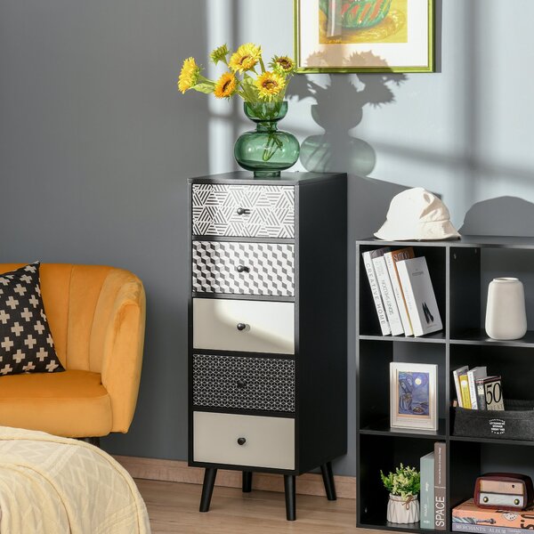 Cassettiera 5 Cassetti 39,5x39,5x110 cm in MDF Nera e Grigia