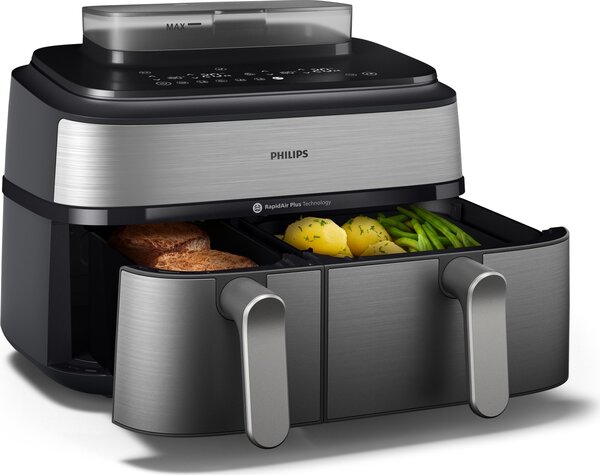 Philips OUTLET - Friggitrice ad Aria Capacit 9 Litri Potenza 2750 Watt con Doppio Cestello e Tecnologia RapidAir Plus colore Argento - NA555/00 Se