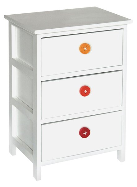 Cassetiera con 3 Cassetti in Legno Paulownia Bianco con Bottoni Colorati Fadi