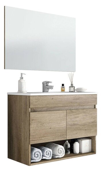 Mobile bagno sospeso con specchio 80x64x45h cm quercia - Enio
