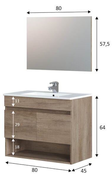 Mobile bagno sospeso con specchio 80x64x45h cm quercia - Enio