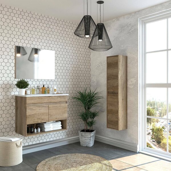 Mobile bagno sospeso con specchio 80x64x45h cm quercia - Enio