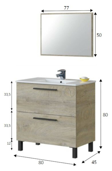 Mobile bagno sospeso con specchio 80x80x45h cm rovere - Abissalino
