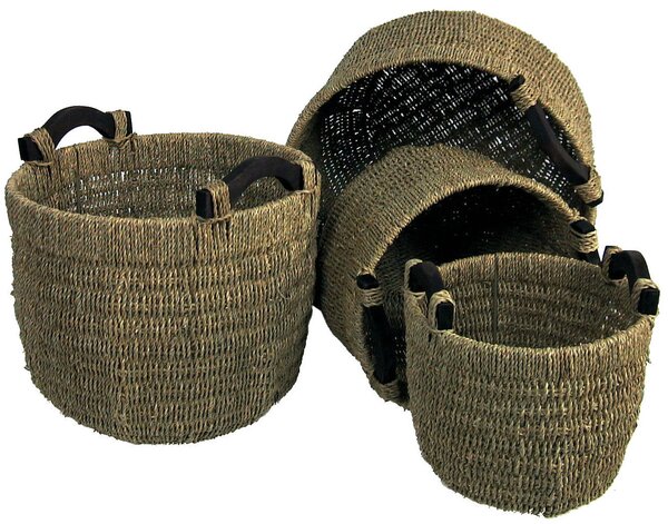 Set 4 Portavasi in Fibra Naturale con Manici in Legno Cordi
