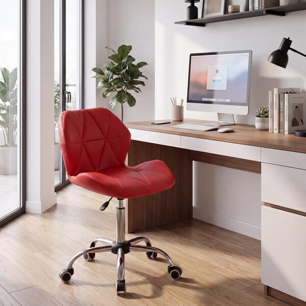 Sedia da ufficio, colore rosso, regolabile in altezza, rivestita in ecopelle, struttura in cromo