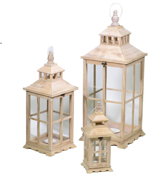 Set 3 Lanterne da Giardino in Legno 32x32H78,5cm Quadro Naturale