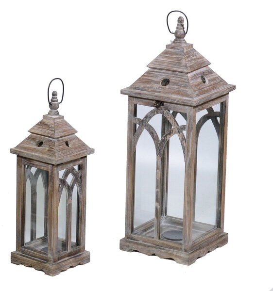 Set 2 Lanterne da Giardino in Legno 23x23H69cm Quadro Noce
