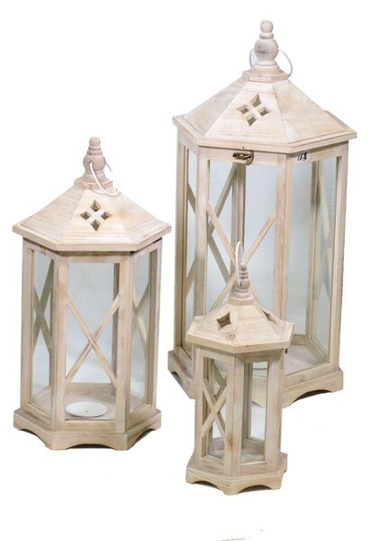 Set 3 Lanterne da Giardino in Legno 36x31,5H72cm Esagono Naturale