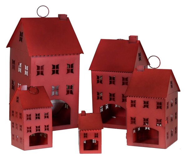 Set 5 Lanterne da Esterno in Metallo 26,5x52x26,8cm Casa Quadro Rosso